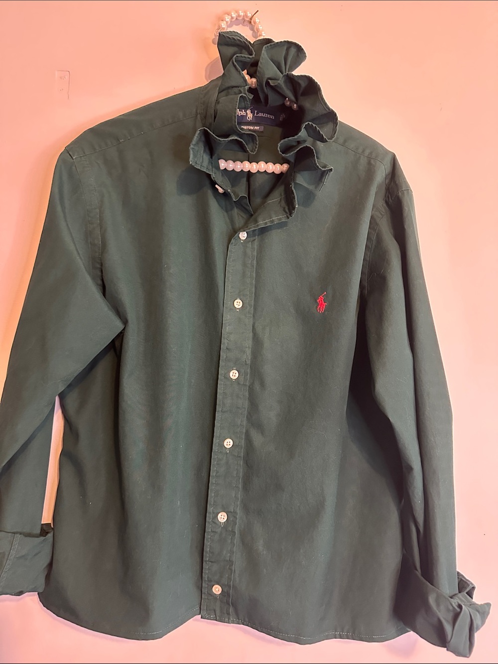 Ralph Lauren Dark Green Button-Down Ruffled collar Shirt with Red Pony